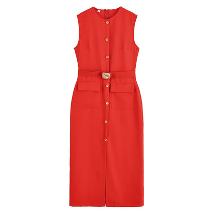 MUJER 2025 Womens Dresses Black Office Long Dresses for Women Spring Sleeveless Midi Dress Woman Belt Button Women's Dress Vest