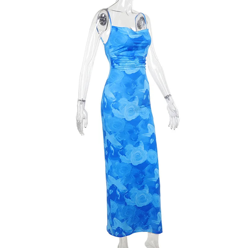 Mozision Spaghetti Strap Print Maxi Dress For Women Gown Summer New Sleeveless Backless Bodycon Club Party Long Dress Fashion