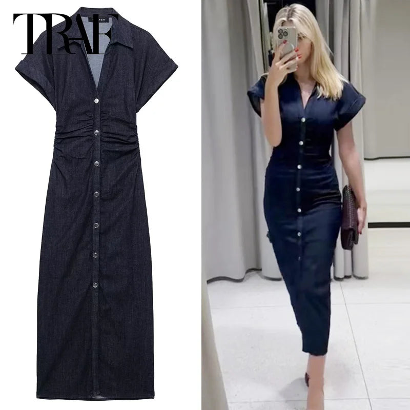 TRAF Womens Denim Dresses Summer 2025 Button Bodycon Blue Dress Ruffled Batwing Sleeve Long Dress Chic Casual Beach Vestidos 066