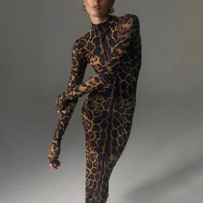 Print Leopard Print Slim Long Dress Women's Fashion Long Sleeve Sexy Party Dress Summer Street Leopard Print Long Dress 2024 New