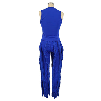 Fashion Solid Romper Casual Tank Top & Tassel Decor Drawstring Pants Set Skinny Tank Jumpsuits Summer Female Outfit Streetwear
