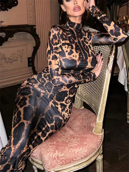 Print Leopard Print Slim Long Dress Women's Fashion Long Sleeve Sexy Party Dress Summer Street Leopard Print Long Dress 2024 New