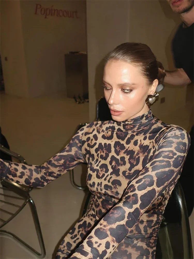 Print Leopard Print Slim Long Dress Women's Fashion Long Sleeve Sexy Party Dress Summer Street Leopard Print Long Dress 2024 New
