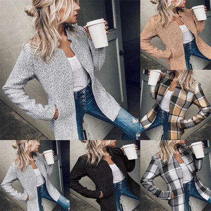 Women's Jacket 2023 Autumn Solid Notch Collar Long Sleeve Pocket Design Temperament Commuting Slim Long Woolen Jacket Coat