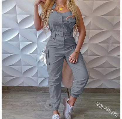 Autumn Women's Clothing Bodysuit Jumpsuit 2023 Simple Zipper Cargo High Waisted Conjoined Body Pants Sleeveless Strap Trousers