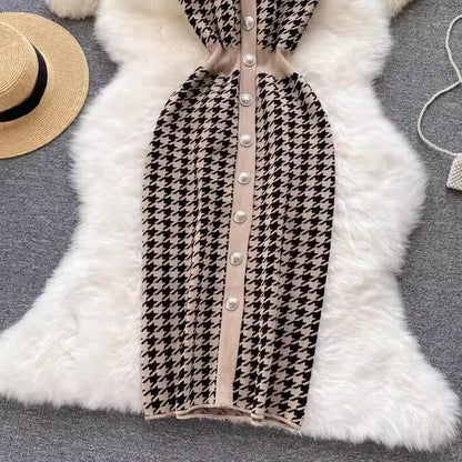 YuooMuoo Brand Fashion Houndstooth Knitted Long Dress 2024 Summer Fashion Vintage Elegant Office Lady Wrap Hips Bodycon Dress