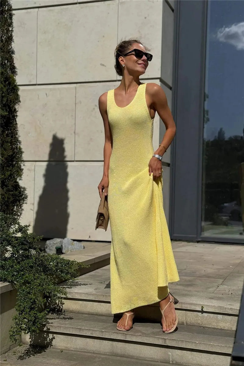 Talenza Summer Knit Long Dress Solid Sleeveless Casual High Waist Halter Long Dress Knit Backless Office Lady Women's Dress 2025