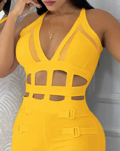 Women's jumpsuit 2025 summer new sleeveless new fashionable hollow camisole buckle comparison mesh tight jumpsuit