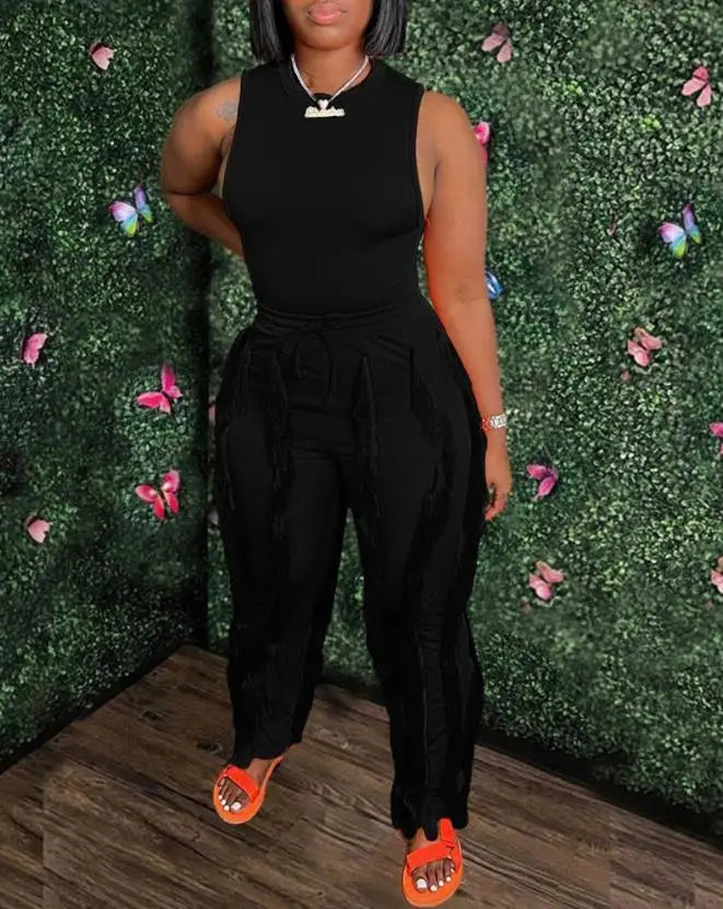 Fashion Solid Romper Casual Tank Top & Tassel Decor Drawstring Pants Set Skinny Tank Jumpsuits Summer Female Outfit Streetwear