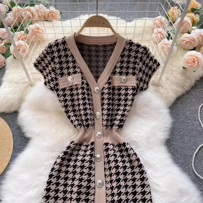 YuooMuoo Brand Fashion Houndstooth Knitted Long Dress 2024 Summer Fashion Vintage Elegant Office Lady Wrap Hips Bodycon Dress