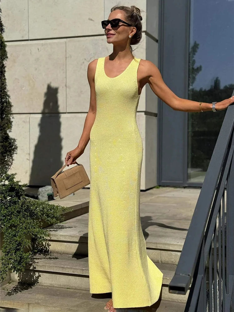 Talenza Summer Knit Long Dress Solid Sleeveless Casual High Waist Halter Long Dress Knit Backless Office Lady Women's Dress 2025