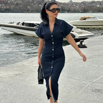 TRAF Womens Denim Dresses Summer 2025 Button Bodycon Blue Dress Ruffled Batwing Sleeve Long Dress Chic Casual Beach Vestidos 066