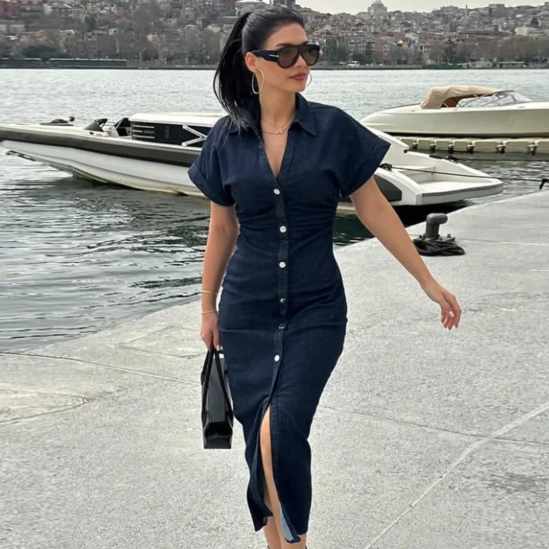 TRAF Womens Denim Dresses Summer 2025 Button Bodycon Blue Dress Ruffled Batwing Sleeve Long Dress Chic Casual Beach Vestidos 066