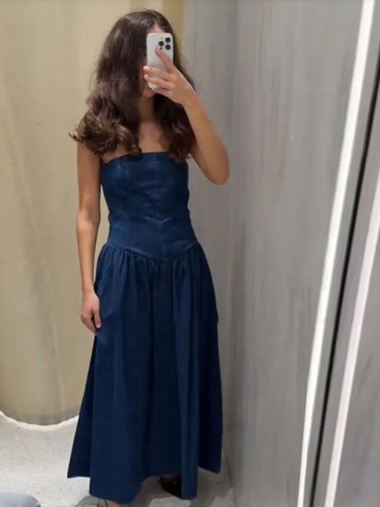 Women Denim V-neck Short Sleeved Long Dress Chic Slim Fit Single Breast Slit Vestidos New High Street Casual Solid Commuter Gown