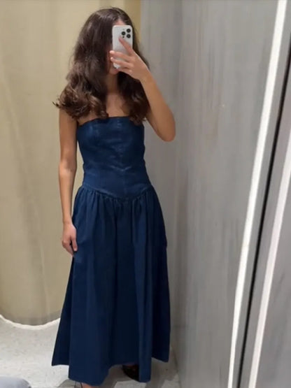 Women Denim V-neck Short Sleeved Long Dress Chic Slim Fit Single Breast Slit Vestidos New High Street Casual Solid Commuter Gown