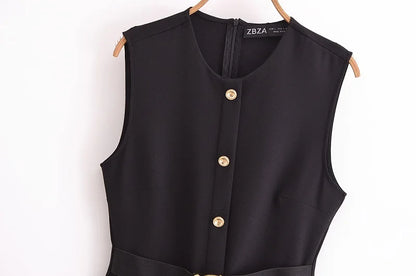 MUJER 2025 Womens Dresses Black Office Long Dresses for Women Spring Sleeveless Midi Dress Woman Belt Button Women's Dress Vest