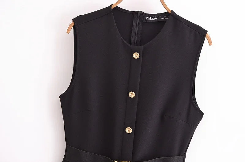 MUJER 2025 Womens Dresses Black Office Long Dresses for Women Spring Sleeveless Midi Dress Woman Belt Button Women's Dress Vest