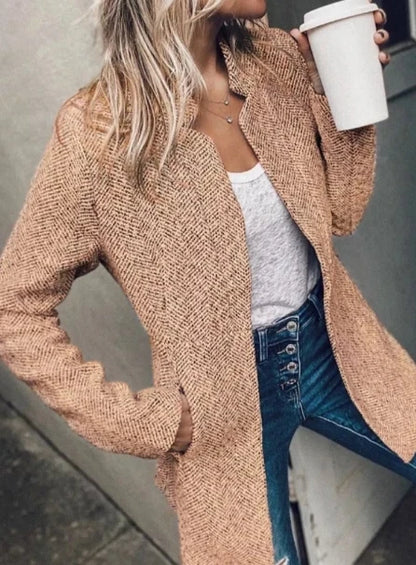 Women's Jacket 2023 Autumn Solid Notch Collar Long Sleeve Pocket Design Temperament Commuting Slim Long Woolen Jacket Coat