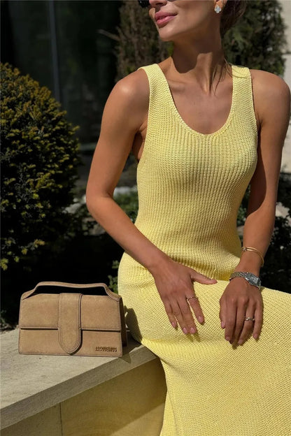 Talenza Summer Knit Long Dress Solid Sleeveless Casual High Waist Halter Long Dress Knit Backless Office Lady Women's Dress 2025