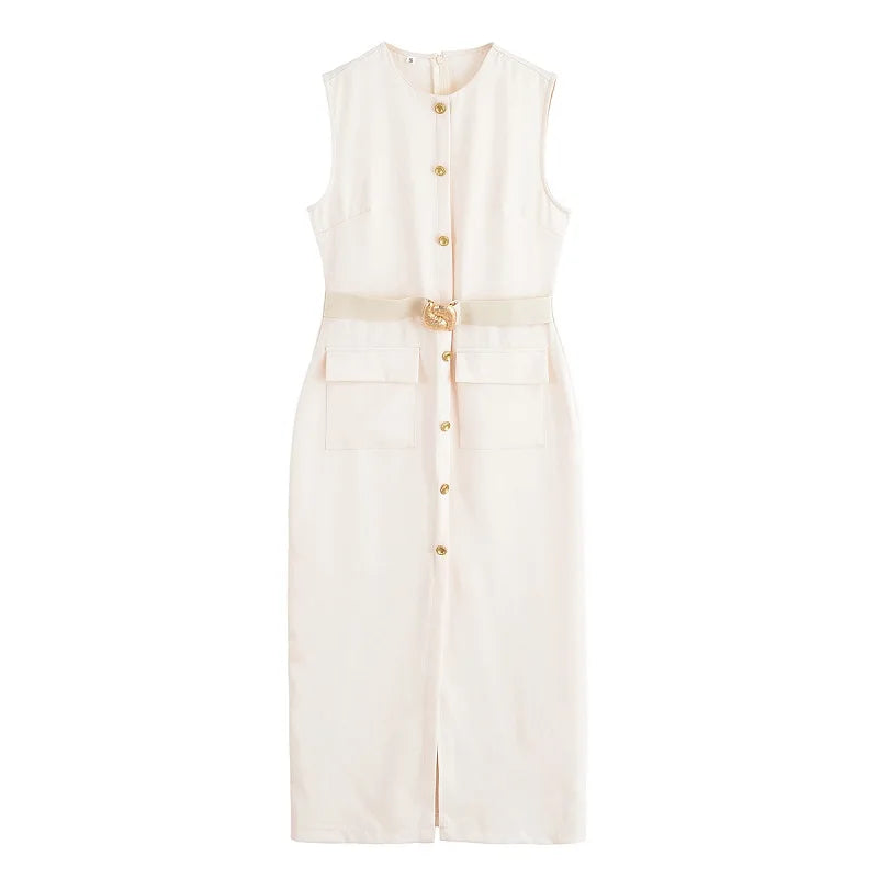 MUJER 2025 Womens Dresses Black Office Long Dresses for Women Spring Sleeveless Midi Dress Woman Belt Button Women's Dress Vest