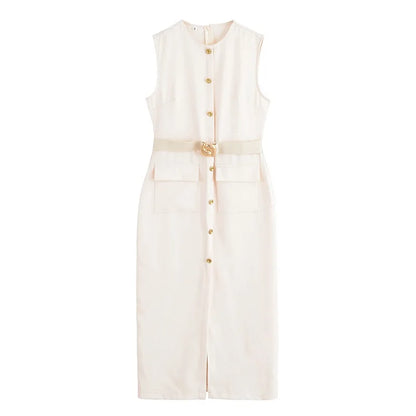 MUJER 2025 Womens Dresses Black Office Long Dresses for Women Spring Sleeveless Midi Dress Woman Belt Button Women's Dress Vest