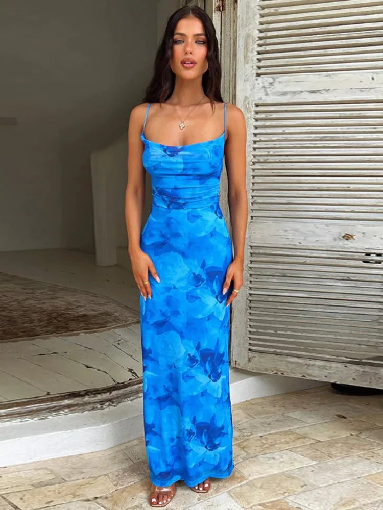 Mozision Spaghetti Strap Print Maxi Dress For Women Gown Summer New Sleeveless Backless Bodycon Club Party Long Dress Fashion