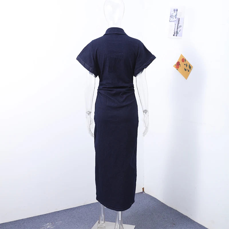 Fashion Denim Backless Dress Women's O-neck Lace Up Sleeveless High Waisted Pleated Dresses 2025 Summer New Lady Elegant Robe