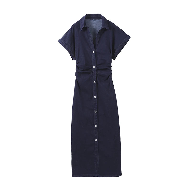 Fashion Denim Backless Dress Women's O-neck Lace Up Sleeveless High Waisted Pleated Dresses 2025 Summer New Lady Elegant Robe