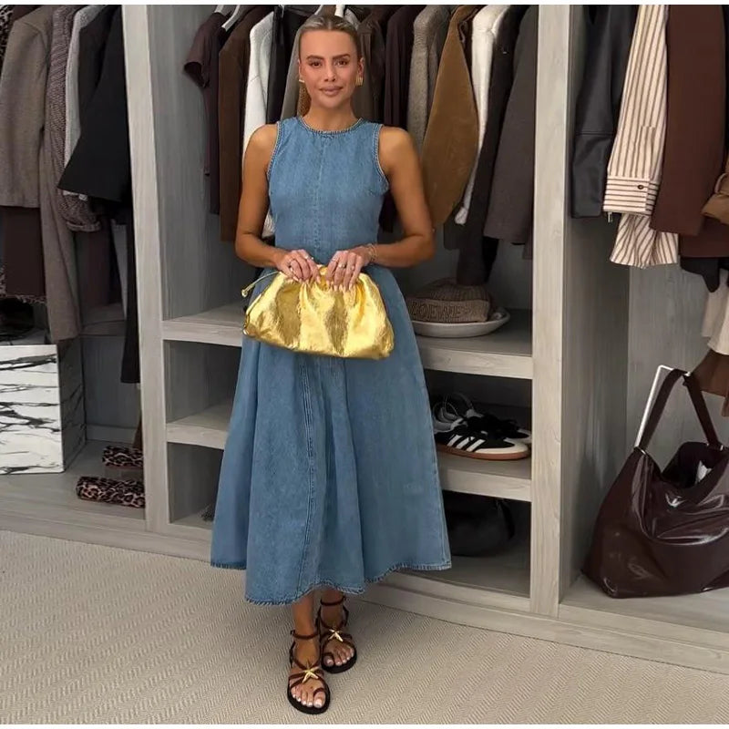 Fashion Denim Backless Dress Women's O-neck Lace Up Sleeveless High Waisted Pleated Dresses 2025 Summer New Lady Elegant Robe