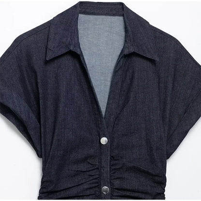 Retro Pleated Long Dresses with Sleeves Women Vintage Single-breasted Slim Female Dress 2025 Spring Summer Lady Street Vestidos