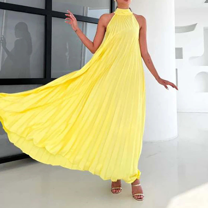 2025 Sexy Sleeveless High Waist Party Dress Spring Summer Half High Neck Loose Women Dress Casual Multi-color Pleated Long Dress