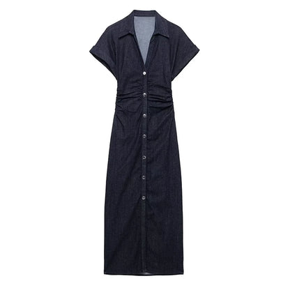 Fashion Denim Backless Dress Women's O-neck Lace Up Sleeveless High Waisted Pleated Dresses 2025 Summer New Lady Elegant Robe