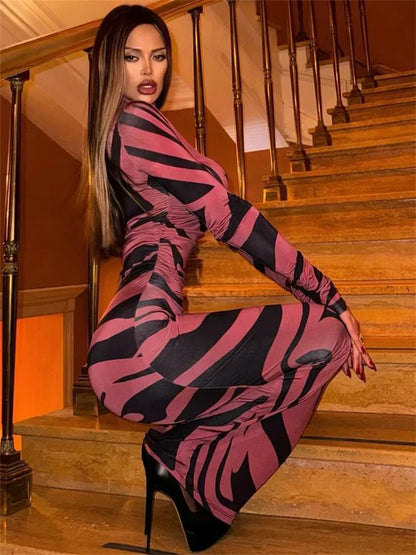 Print Leopard Print Slim Long Dress Women's Fashion Long Sleeve Sexy Party Dress Summer Street Leopard Print Long Dress 2024 New