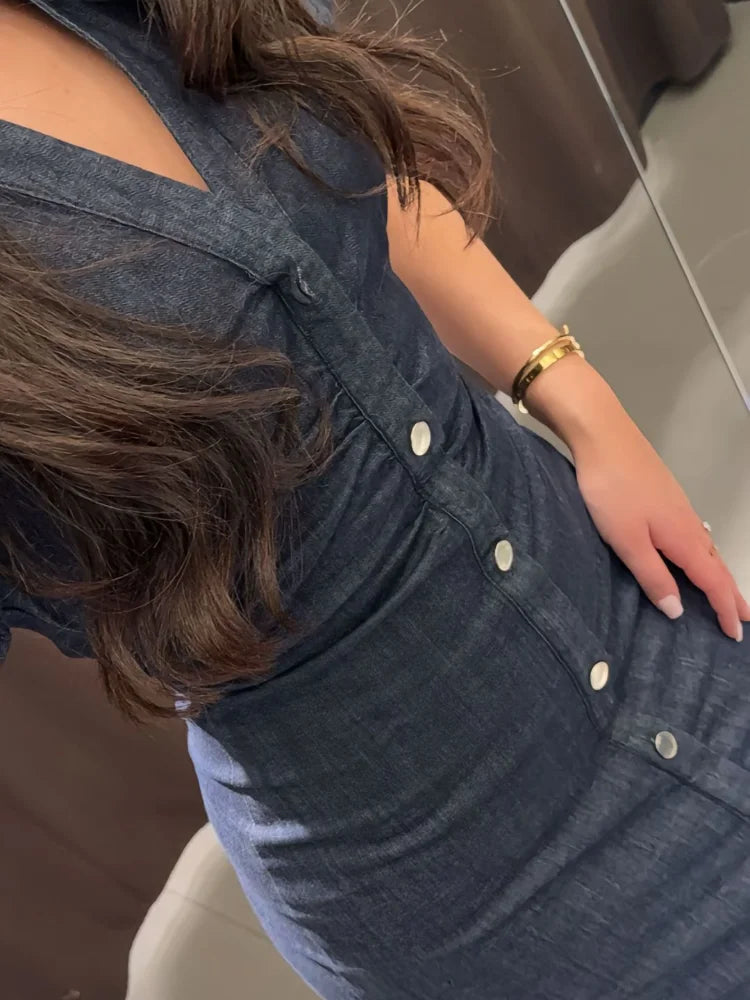 Women Denim V-neck Short Sleeved Long Dress Chic Slim Fit Single Breast Slit Vestidos New High Street Casual Solid Commuter Gown