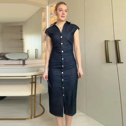 TRAF Womens Denim Dresses Summer 2025 Button Bodycon Blue Dress Ruffled Batwing Sleeve Long Dress Chic Casual Beach Vestidos 066