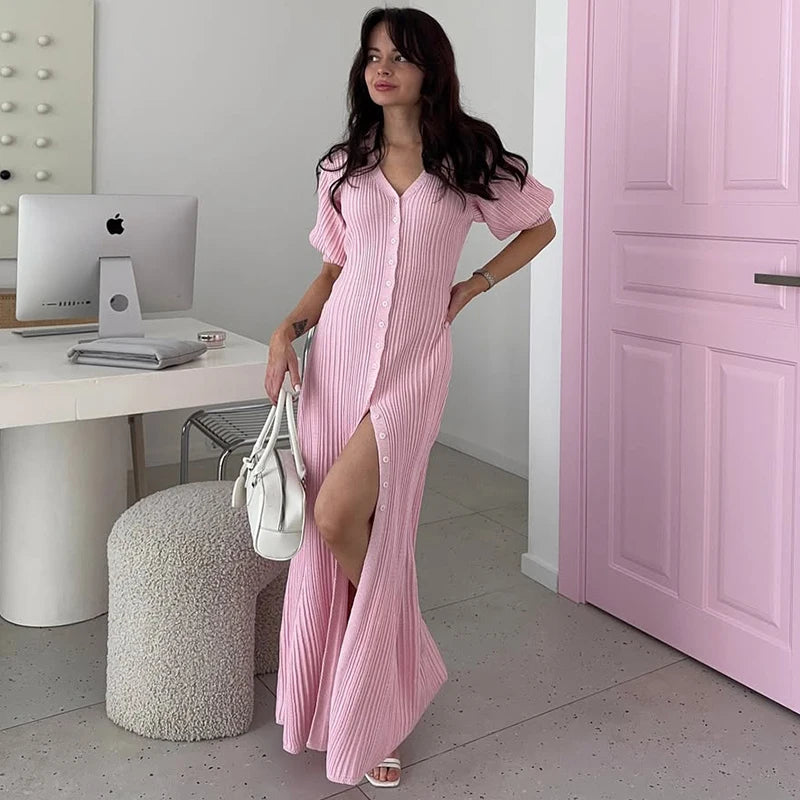 Tornova Fashion Cardigan Long Knitted Dress For Women Puff Sleeve Retro Fashion Sweater Dress 2025 Summer Sexy Vacation Dress