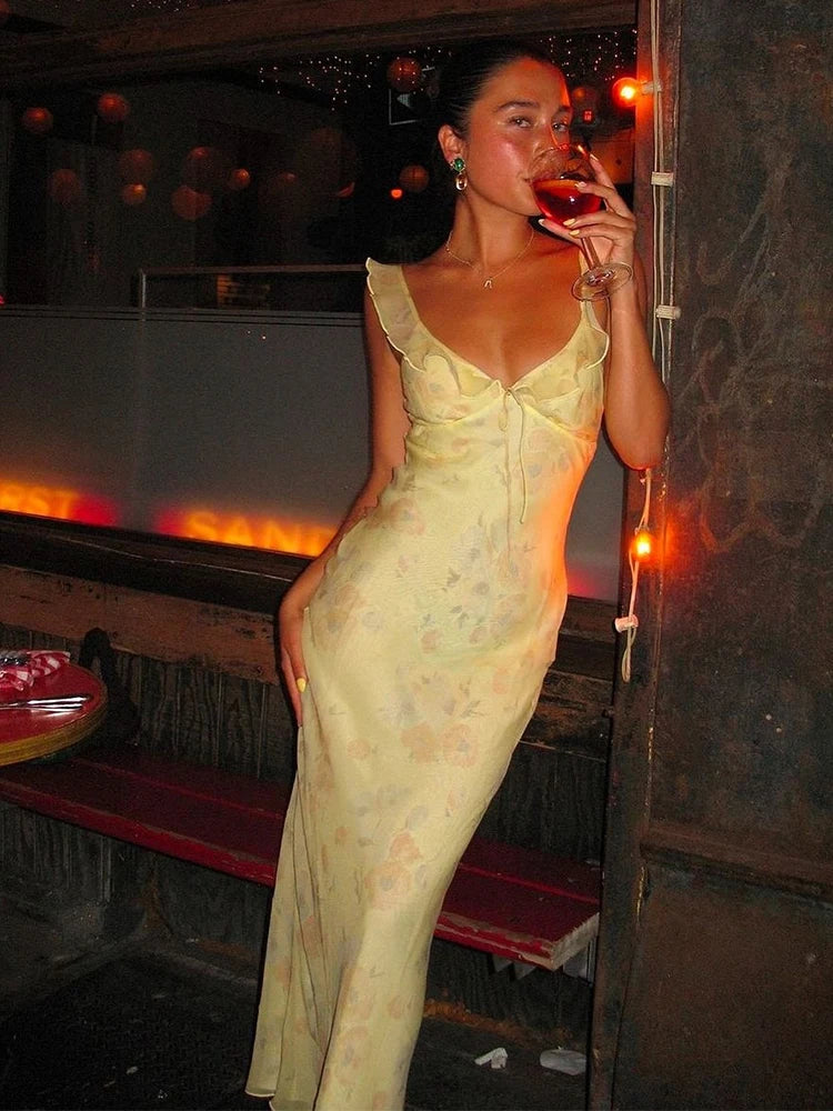 Cryptographic Summer Floral Print Plunge Maxi Dress Outfits Sexy Backless Fairy Sun Dresses Vacation Beachwear Vestido Coquette