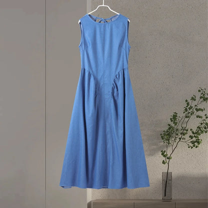 Fashion Denim Backless Dress Women's O-neck Lace Up Sleeveless High Waisted Pleated Dresses 2025 Summer New Lady Elegant Robe