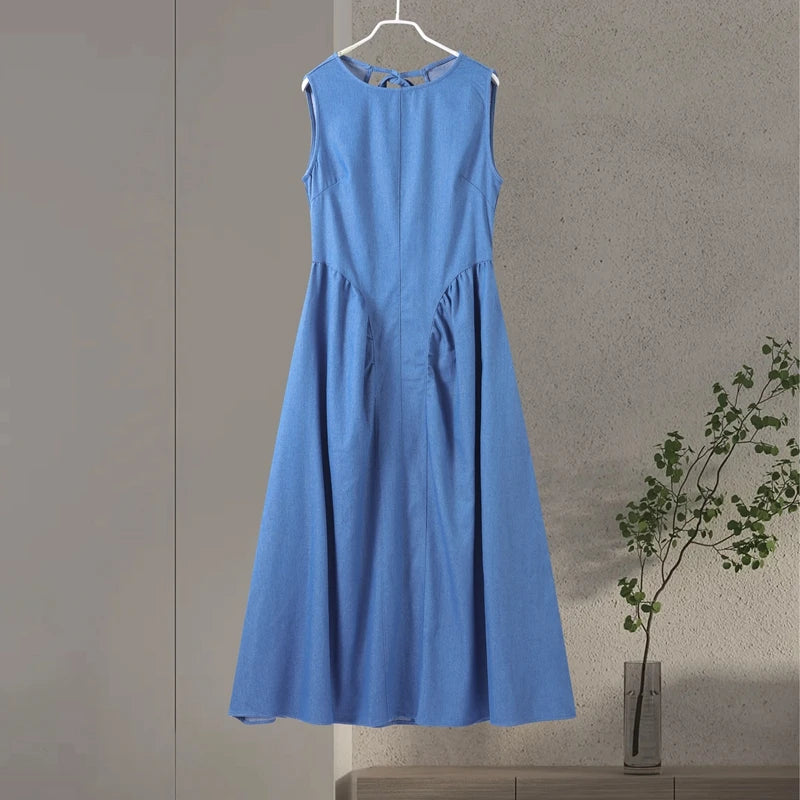 Fashion Denim Backless Dress Women's O-neck Lace Up Sleeveless High Waisted Pleated Dresses 2025 Summer New Lady Elegant Robe