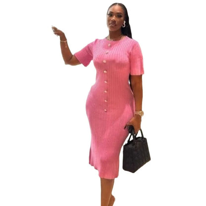 Dresses Women Summer Knitting Long Dress Single Breasted Round Collar Short Sleeve Sexy Bodycon Office Lady Knit Vestidos