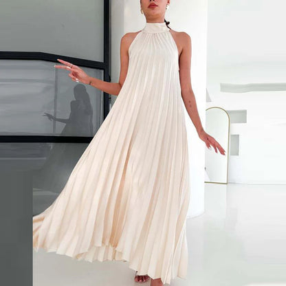 2025 Sexy Sleeveless High Waist Party Dress Spring Summer Half High Neck Loose Women Dress Casual Multi-color Pleated Long Dress