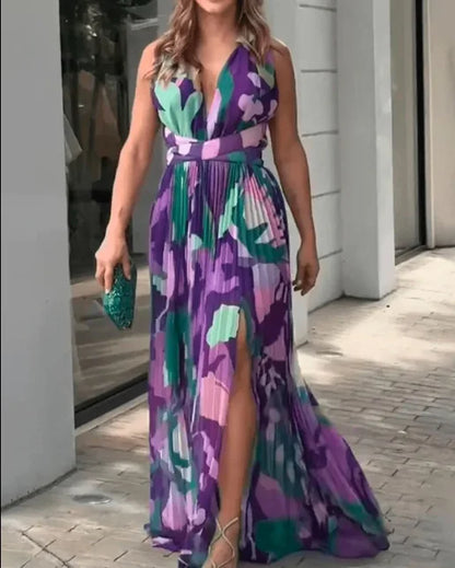 New Women's Long Dress V-neck Sleeveless Pleated Printed Slit Dress Elegant And Fashionable Style Elegant Beach Floral Dress