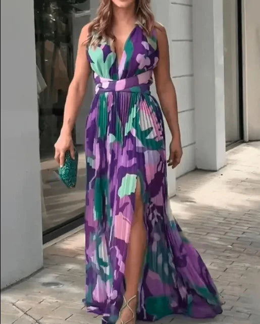 New Women's Long Dress V-neck Sleeveless Pleated Printed Slit Dress Elegant And Fashionable Style Elegant Beach Floral Dress