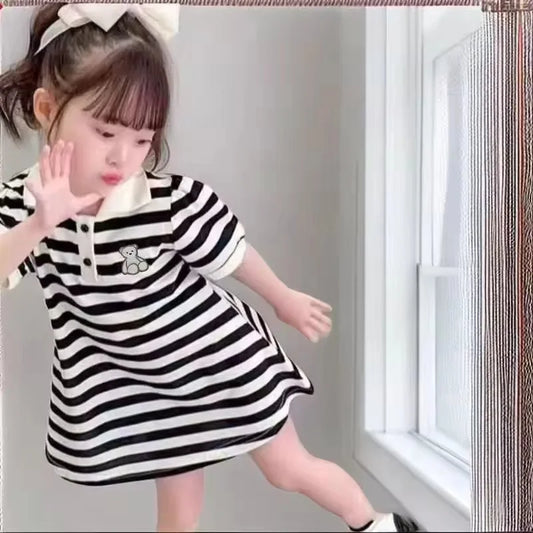 Girls Striped Polo Dress Children Summer Short Sleeve Gown 2-10Y Toddler Casual Dresses Baby Kids Turn-down Collar Clothing