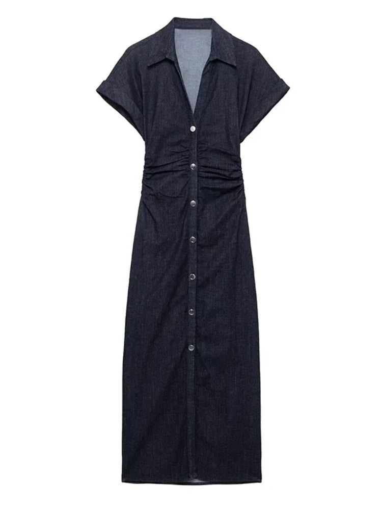 Retro Pleated Long Dresses with Sleeves Women Vintage Single-breasted Slim Female Dress 2025 Spring Summer Lady Street Vestidos