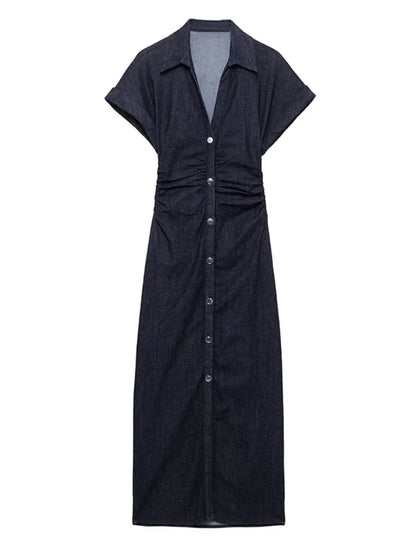 Retro Pleated Long Dresses with Sleeves Women Vintage Single-breasted Slim Female Dress 2025 Spring Summer Lady Street Vestidos