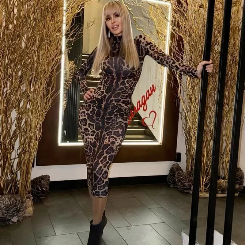Print Leopard Print Slim Long Dress Women's Fashion Long Sleeve Sexy Party Dress Summer Street Leopard Print Long Dress 2024 New