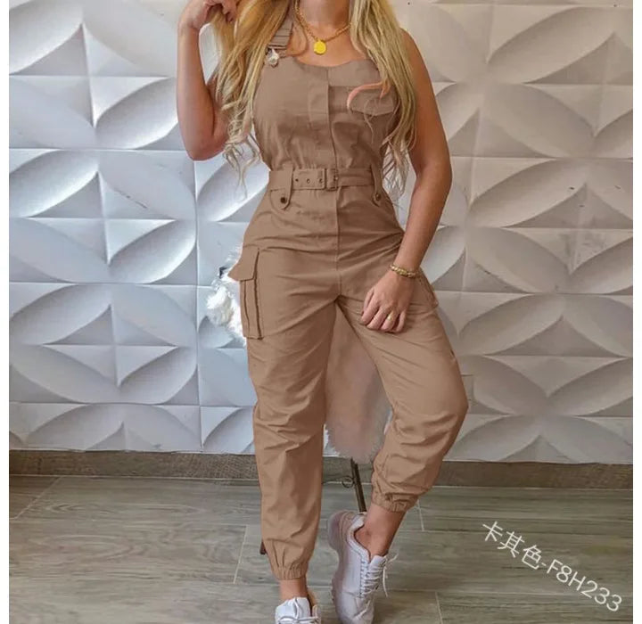 Autumn Women's Clothing Bodysuit Jumpsuit 2023 Simple Zipper Cargo High Waisted Conjoined Body Pants Sleeveless Strap Trousers