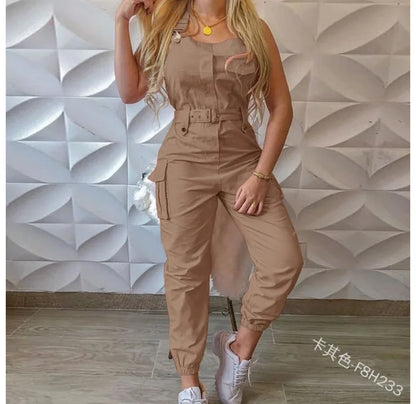 Autumn Women's Clothing Bodysuit Jumpsuit 2023 Simple Zipper Cargo High Waisted Conjoined Body Pants Sleeveless Strap Trousers