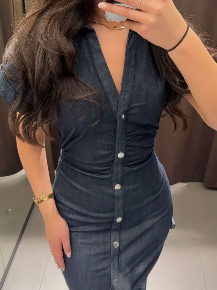 Women Denim V-neck Short Sleeved Long Dress Chic Slim Fit Single Breast Slit Vestidos New High Street Casual Solid Commuter Gown